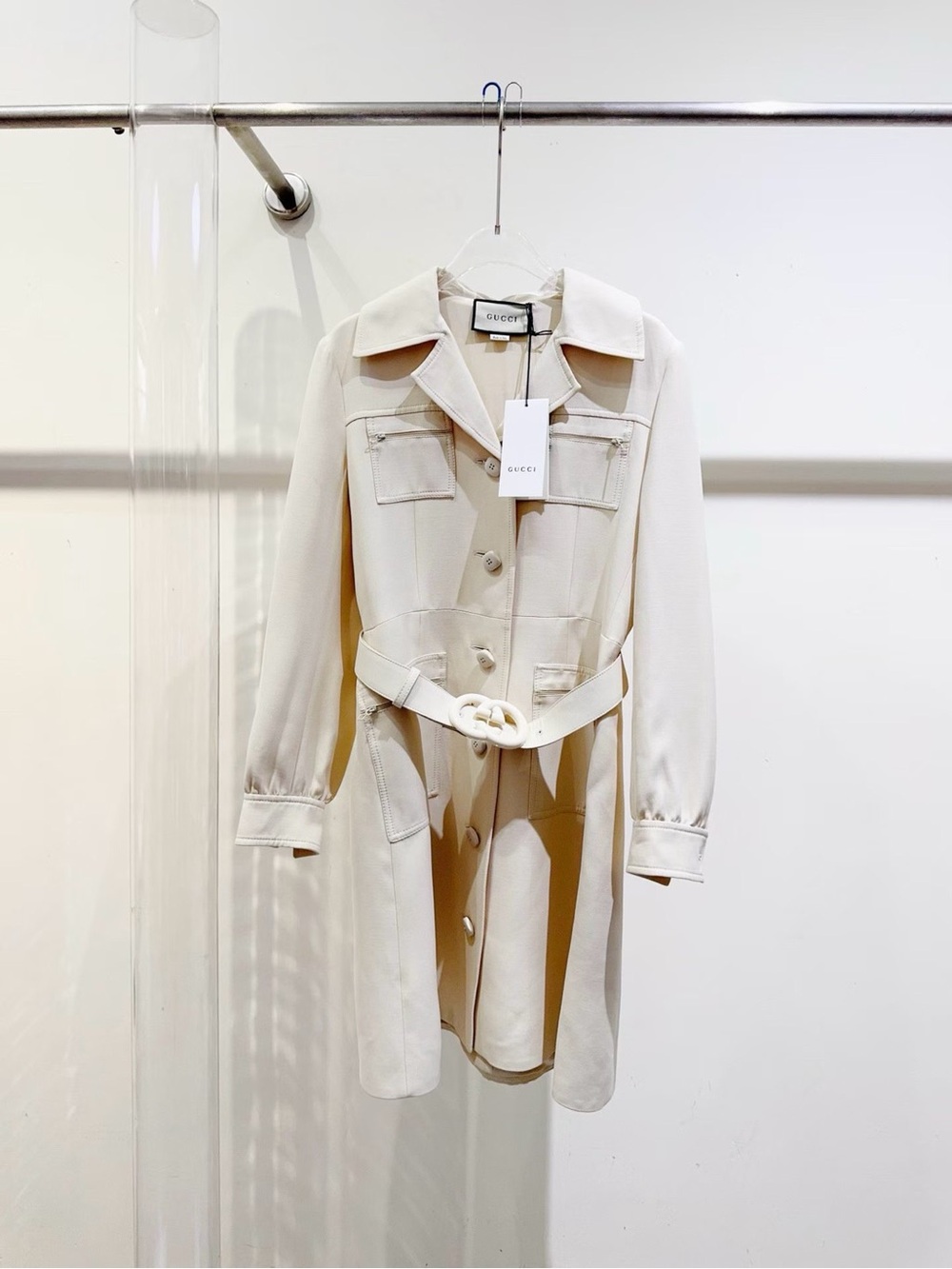 Gucci Cream Belted Trench Dress Coat